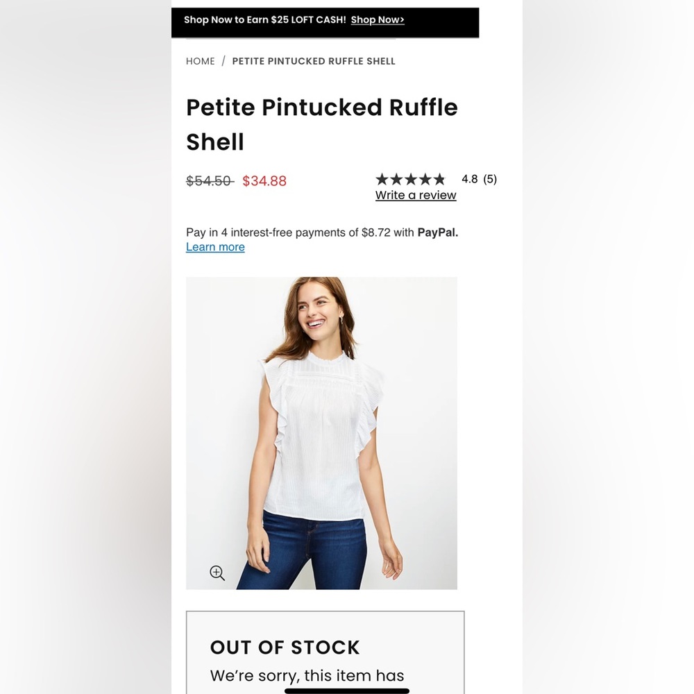 Loft pintucked ruffle shell sleeveless top, XS
